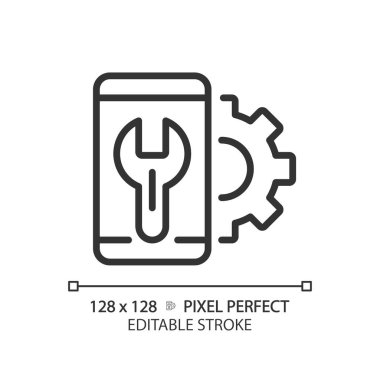 Smartphone settings pixel perfect linear icon. Mobile phone configuration. Personalize device. Fix cellphone. Thin line illustration. Contour symbol. Vector outline drawing. Editable stroke