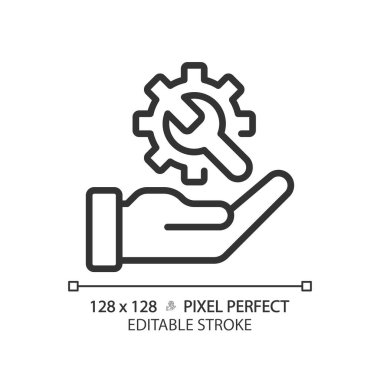 Technical support pixel perfect linear icon. Customer service. Professional assistance. Resolve computer problem. Thin line illustration. Contour symbol. Vector outline drawing. Editable stroke