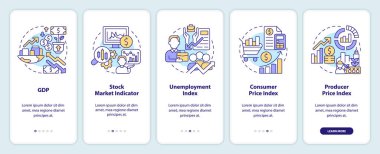 Economic indicators onboarding mobile app screen. Analytics walkthrough 3 steps editable graphic instructions with linear concepts. UI, UX, GUI template. Myriad Pro-Bold, Regular fonts used