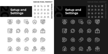 Setup and settings pixel perfect linear icons set for dark, light mode. Computer configuration. Save changes. Thin line symbols for night, day theme. Isolated illustrations. Editable stroke