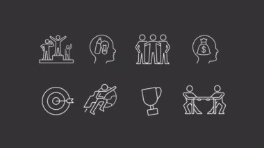 Animated rivalry white line icons. Achievement motivation. Set goal. Loop HD video with chroma key, alpha channel on transparent background, black solid background. Outline motion graphic animation