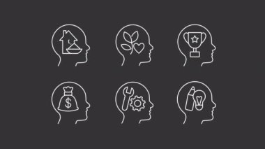 Animated mindset white line icons. Intrinsic motivation. Psychology. Loop HD video with chroma key, alpha channel on transparent background, black solid background. Outline motion graphic animation