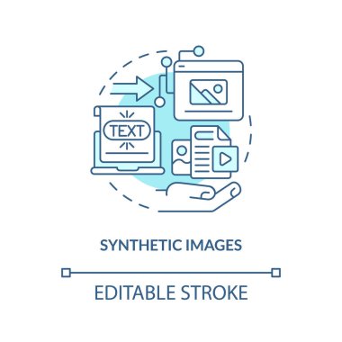 Synthetic images turquoise concept icon. Computer models. AI generated media type abstract idea thin line illustration. Isolated outline drawing. Editable stroke. Arial, Myriad Pro-Bold fonts used