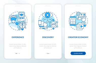 Multiverse layers blue onboarding mobile app screen. Virtual reality walkthrough 3 steps editable graphic instructions with linear concepts. UI, UX, GUI template. Myriad Pro-Bold, Regular fonts used