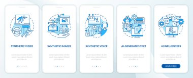 Synthetic media types blue onboarding mobile app screen. VR walkthrough 5 steps editable graphic instructions with linear concepts. UI, UX, GUI template. Myriad Pro-Bold, Regular fonts used