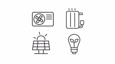 Canlandırılmış enerji doğrusal simgeleri kurtarır. Alternatif enerji. Aydınlatma aleti. Akıllı radyatör. Şeffaf arkaplanda alfa kanalı olan kusursuz HD video. Taslak hareketli grafik canlandırması