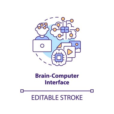 Brain computer interface concept icon. Control processes. Metaverse technology abstract idea thin line illustration. Isolated outline drawing. Editable stroke. Arial, Myriad Pro-Bold fonts used