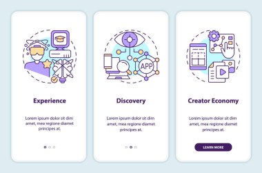 Multiverse layers onboarding mobile app screen. Virtual reality walkthrough 3 steps editable graphic instructions with linear concepts. UI, UX, GUI template. Myriad Pro-Bold, Regular fonts used