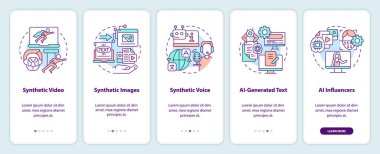 Sentetik medya tipleri mobil uygulama ekranında. VR 5 adım boyunca doğrusal kavramlarla düzenlenebilir grafik talimatlarını gözden geçirir. UI, UX, GUI şablonu. Kullanılan sayısız Pro-Kalın, Düzenli yazı tipleri