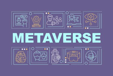 Metaverse word concepts purple banner. Virtual reality technology. Infographics with editable icons on color background. Isolated typography. Vector illustration with text. Arial-Black font used