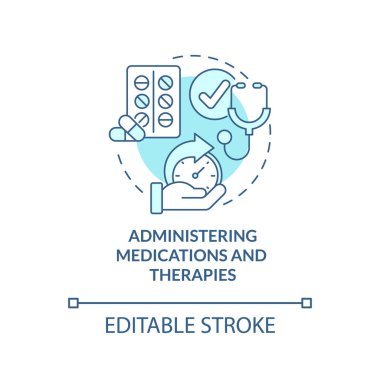 İlaçlar ve terapiler yönetiliyor mavi konsept ikonu. Özel hemşirelik hizmeti soyut fikir ince çizgi çizimi. İzole bir taslak çizim. Düzenlenebilir felç. Arial, Myriad Pro-Kalın yazı tipleri