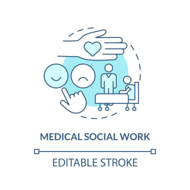 Tıbbi sosyal hizmet mavi konsept ikonu. Yetenekli servis sağlayıcı. Evde sağlık hizmeti fikri soyut ince çizgi çizimi. İzole bir taslak çizim. Düzenlenebilir felç. Arial, Myriad Pro-Kalın yazı tipleri