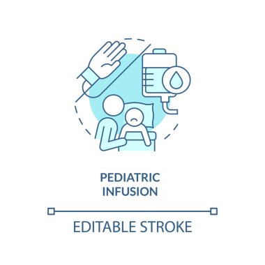 Pediatrik infüzyon mavi konsept ikonu. Damardan enjeksiyon. Çocuk sağlığı hizmetleri soyut fikir çizgisi çizimleri için. İzole bir taslak çizim. Düzenlenebilir felç. Arial, Myriad Pro-Kalın yazı tipleri