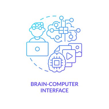 Beyin bilgisayarı arayüzü mavi gradyan konsept simgesi. Kontrol işlemleri. Metaverse teknolojisi soyut fikir ince çizgi çizimi. İzole bir taslak çizim. Kullanılan sayısız Pro-Kalın yazı tipi