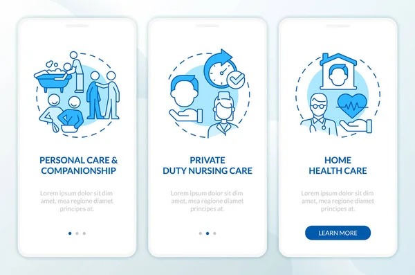 stock vector Home health care types blue onboarding mobile app screen. Walkthrough 3 steps editable graphic instructions with linear concepts. UI, UX, GUI template. Myriad Pro-Bold, Regular fonts used