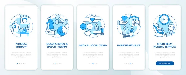 Αρχική Υπηρεσίες Υγειονομικής Περίθαλψης Μπλε Onboarding Οθόνη Κινητό App Walkthrough — Διανυσματικό Αρχείο