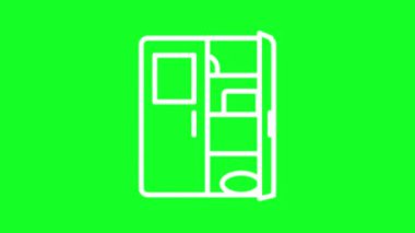 Canlandırılmış dondurucu beyaz çizgi simgesi. Akıllı buzdolabı. Yenilikçi bir alet. Krom anahtarlı HD video, şeffaf arkaplanda alfa kanalı, siyah katı arkaplan. Taslak hareketli grafik canlandırması