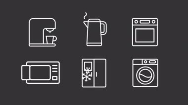 Animasyon mutfak beyaz çizgi simgeleri. Yemek pişirmek için elektrikli aletler. Krom anahtarlı HD video, şeffaf arkaplanda alfa kanalı, siyah katı arkaplan. Taslak hareketli grafik canlandırması