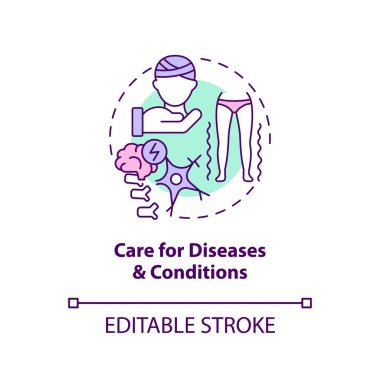 Hastalıklara ve koşullara dikkat et. Özel hemşirelik hizmeti soyut fikir ince çizgi çizimi. İzole bir taslak çizim. Düzenlenebilir felç. Arial, Myriad Pro-Kalın yazı tipleri