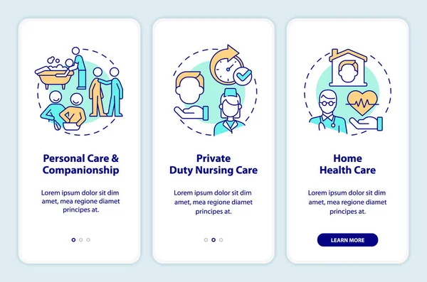 stock vector Home health care types onboarding mobile app screen. Walkthrough 3 steps editable graphic instructions with linear concepts. UI, UX, GUI template. Myriad Pro-Bold, Regular fonts used