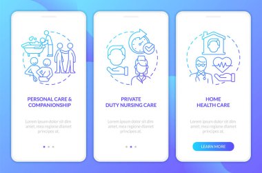 Mobil uygulama ekranında mavi gradyan tipi ev sağlığı hizmetleri. Doğrusal kavramlarla üç adımda grafik yönergeleri gözden geçir. UI, UX, GUI şablonu. Kullanılan sayısız Pro-Kalın, Düzenli yazı tipleri