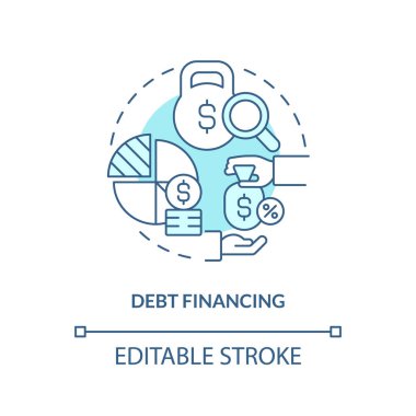 Borç finansmanı turkuaz konsept simgesi. Finansal ödeme. Bilgi İşlem, soyut fikirlerin ince çizgili resimlerini topluyor. İzole bir taslak çizim. Düzenlenebilir felç. Arial, Myriad Pro-Kalın yazı tipleri