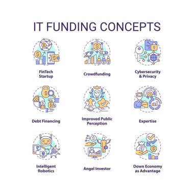 IT finansman simgeleri ayarlandı. Dijital endüstri fikri için finansal kaynaklar ince çizgi renkli çizimler. İzole semboller. Düzenlenebilir felç. Kullanılan Roboto-Orta, Myriad Pro-Kalın yazı tipleri