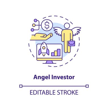 Melek yatırımcı konsepti ikonu. Sponsorları devreye sokun. Teknik girişim finansman seçeneği soyut fikir ince çizgi çizimi. İzole bir taslak çizim. Düzenlenebilir felç. Arial, Myriad Pro-Kalın yazı tipleri