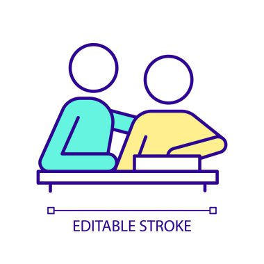 Özel öğretmen RGB renk simgesi. Bireysel ders. Ailenle ödev yapıyorsun. Eğitim yardımı. Öğrenci ve öğretmen. İzole vektör çizimi. Basit bir çizgi çizimi. Düzenlenebilir vuruş