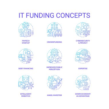 IT mavi gradyan konsept simgelerini finanse ediyor. Dijital endüstri fikri için finansal kaynaklar ince çizgi renkli çizimler. İzole semboller. Kullanılan Roboto-Orta, Myriad Pro-Kalın yazı tipleri