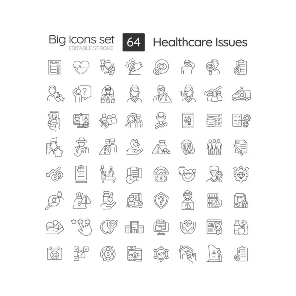 Healthcare Issues Linear Icons Set Medical Error Negligence Healthcare Clinic — Stock Vector