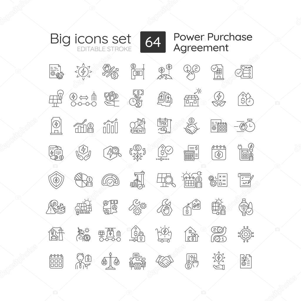 Power purchase agreement linear icons set. Alternative energy generation. Electricity supply. Customizable thin line symbols. Isolated vector outline illustrations. Editable stroke