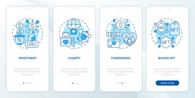 DAO kullanım amacı mavi mobil uygulama ekranında. İnternet işi, doğrusal kavramlarla birlikte düzenlenebilir grafik talimatlarını dört adımda gözden geçirir. UI, UX, GUI şablonu. Kullanılan sayısız Pro-Kalın, Düzenli yazı tipleri