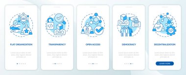 DAO özellikleri mavi mobil uygulama ekranında. Doğrusal kavramlarla düzenlenebilir beş adımlık grafik talimatları gözden geçir. UI, UX, GUI şablonu. Kullanılan sayısız Pro-Kalın, Düzenli yazı tipleri