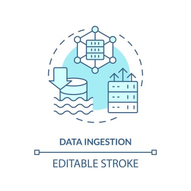 Veri sindirme turkuaz konsept simgesi. Bilgi taşımacılığı. Veri gölü soyut fikri ince çizgi çizimi. İzole bir taslak çizim. Düzenlenebilir felç. Arial, Myriad Pro-Kalın yazı tipleri