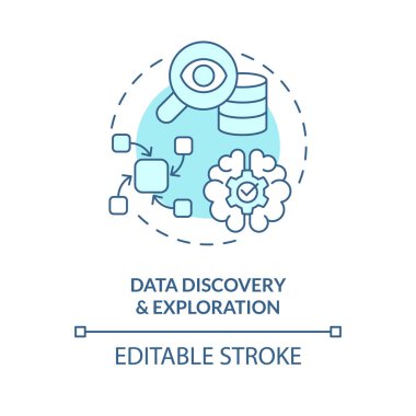 Veri keşfi ve keşif turkuaz konsept simgesi. Analizler. Veri gölü soyut fikri ince çizgi çizimi. İzole bir taslak çizim. Düzenlenebilir felç. Arial, Myriad Pro-Kalın yazı tipleri