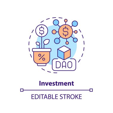 Yatırım konsepti ikonu. Engelleme zincirine para yatır. DAO kullanım amacı soyut fikir ince çizgi çizimi. İzole bir taslak çizim. Düzenlenebilir felç. Arial, Myriad Pro-Kalın yazı tipleri