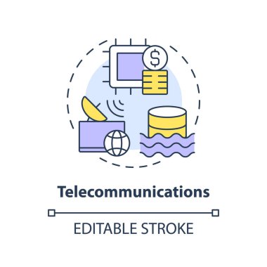 Telekomünikasyon konsepti ikonu. Telekom endüstrisi. Veri gölü vakası soyut fikir ince çizgi illüstrasyonu kullanır. İzole bir taslak çizim. Düzenlenebilir felç. Arial, Myriad Pro-Kalın yazı tipleri