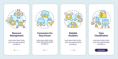 Veri gölü mimarisi mobil uygulama ekranında. Doğrusal kavramlarla düzenlenebilir grafik yönergelerini dört adımda gözden geçir. UI, UX, GUI şablonu. Kullanılan sayısız Pro-Kalın, Düzenli yazı tipleri