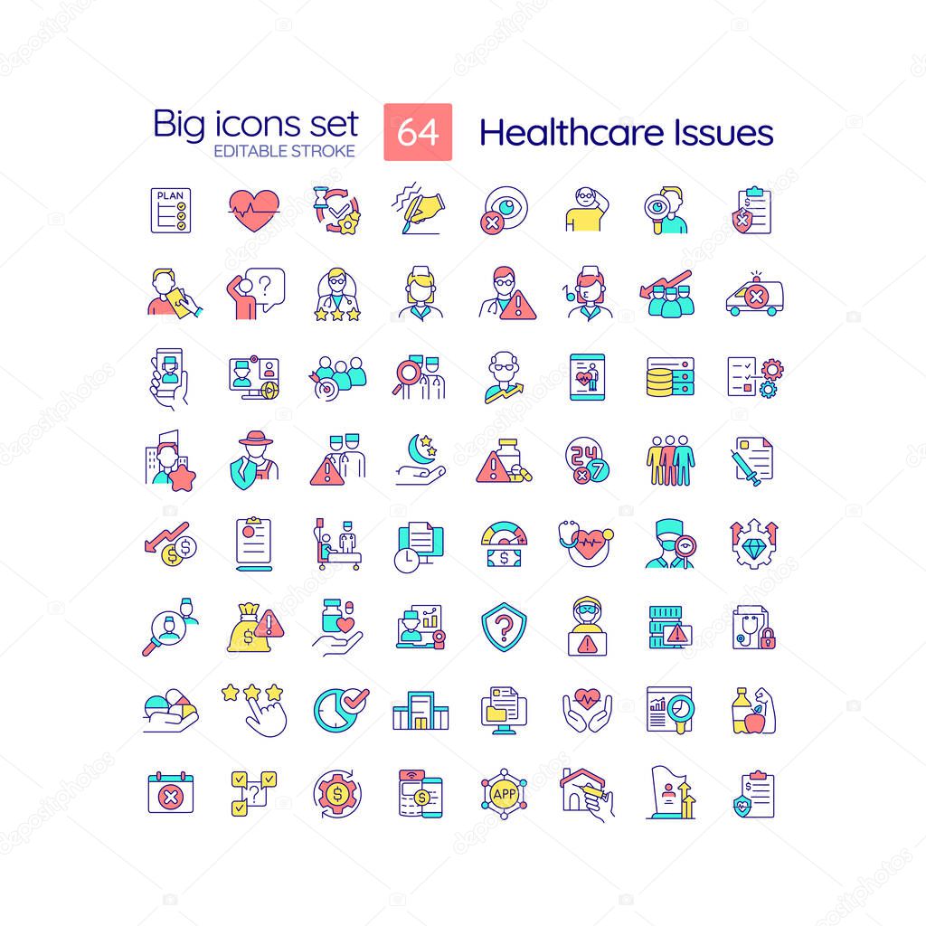 Healthcare issues RGB color icons set. Medical error and negligence. Healthcare clinic. Treatment challenge. Isolated vector illustrations. Simple filled line drawings collection. Editable stroke