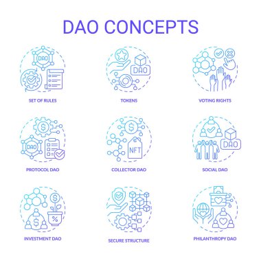 Yerel özerk organizasyonlar mavi gradyan konsept simgeleri seti. Merkezi liderlik fikri olmayan ince çizgi renkli çizimler. İzole semboller. Kullanılan Roboto-Orta, Myriad Pro-Kalın yazı tipleri