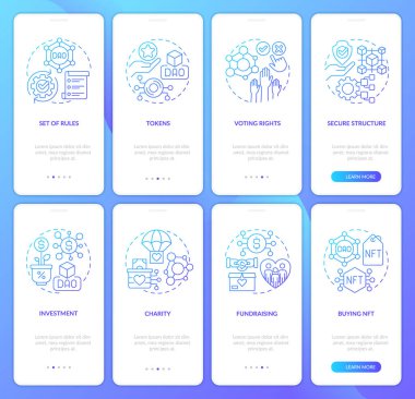 DAO elemanları ve kullanım amacı mavi gradyan mobil uygulama ekranları ayarlandı. Doğrusal kavramlarla birlikte 4 aşamalı grafik talimatlar. UI, UX, GUI şablonu. Kullanılan sayısız Pro-Kalın, Düzenli yazı tipleri