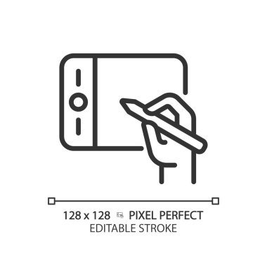 Grafik tablet piksel ile el mükemmel doğrusal simge. Tasarımcı aleti. Sanat eseri yaratmak için dijital bir cihaz. İnce çizgili çizim. Contour sembolü. Vektör çizimi. Düzenlenebilir vuruş