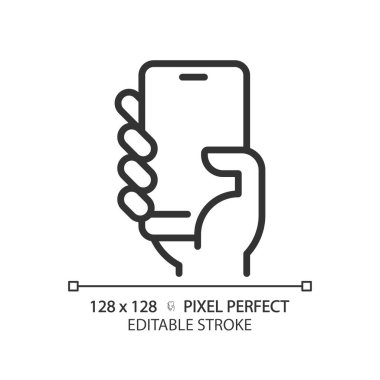 Akıllı telefon pikseli ile mükemmel doğrusal simge. Cep telefonu tutan kişi. İletişim için mobil cihaz. İnce çizgili çizim. Contour sembolü. Vektör çizimi. Düzenlenebilir vuruş