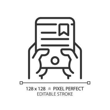 Kitap piksel ile el mükemmel doğrusal simge. Elektronik cihazdan okuyorum. Dijital kütüphaneye erişim. İnce çizgili çizim. Contour sembolü. Vektör çizimi. Düzenlenebilir vuruş