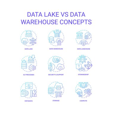 Data lake vs data warehouse blue gradient concept icons set. Information storage. Analytics idea thin line color illustrations. Isolated symbols. Roboto-Medium, Myriad Pro-Bold fonts used clipart
