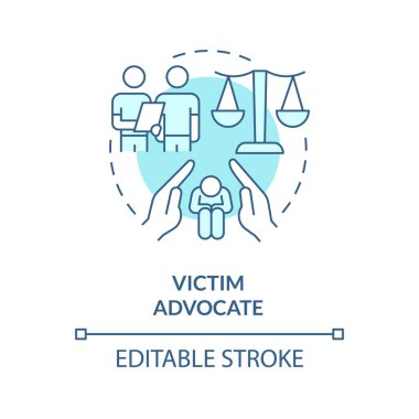 Kurban savunucusu turkuaz konsept ikonu. Profesyonel avukat. Kariyer savunuculukta soyut fikir ince çizgi çiziminde. İzole bir taslak çizim. Düzenlenebilir felç. Arial, Myriad Pro-Kalın yazı tipleri