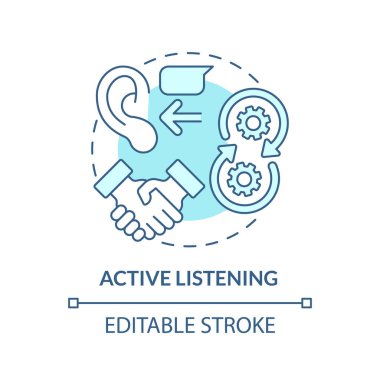Etkin dinleme turkuaz konsept simgesi. Değer tecrübesi. Etkili savunucu özellik soyut fikir ince çizgi çizimi. İzole bir taslak çizim. Düzenlenebilir felç. Arial, Myriad Pro-Kalın yazı tipleri