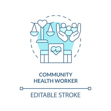 Halk sağlığı çalışanı turkuaz konsept ikonu. Sosyal Hizmetler. Kariyer savunuculukta soyut fikir ince çizgi çiziminde. İzole bir taslak çizim. Düzenlenebilir felç. Arial, Myriad Pro-Kalın yazı tipleri
