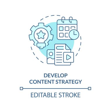 İçerik stratejisi türkuaz konsept simgesi geliştirin. Sosyal medya fikri savunmak için ince çizgi çizimi. İzole bir taslak çizim. Düzenlenebilir felç. Arial, Myriad Pro-Kalın yazı tipleri